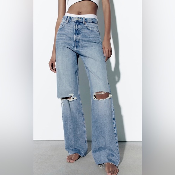 Zara Denim - Zara Hi Rise Wide Leg Distressed Denim